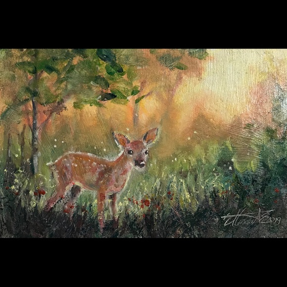Artettina Other - Original oil painting deer fawn sunset artwork